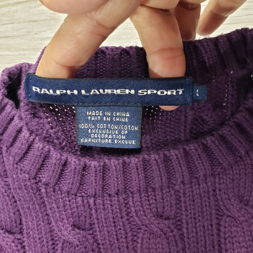 Polo Ralph Lauren Sport Cable Knit Logo Crewneck Sweater Large Purple Old Money - Picture 3 of 14